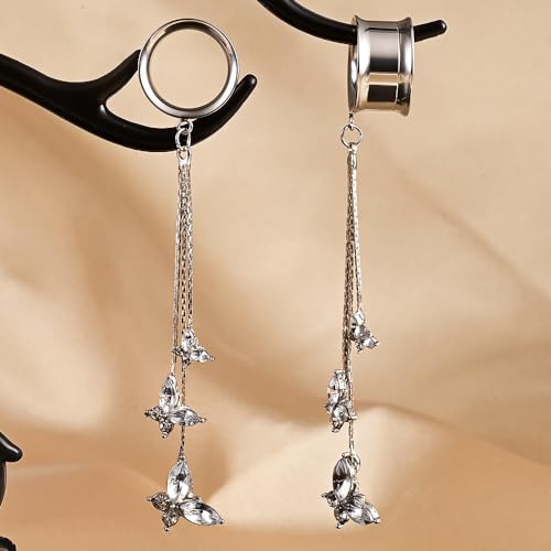 DOEARKO 2PCS New Butterfly-Pendant Hypoallergenic Stainless Steel Dangle Ear Plugs Tunnels Ear Gauges Stretcher Pair Selling 2g 0g Piercing Body Jewelry - color: #313 Silver, size: 10mm