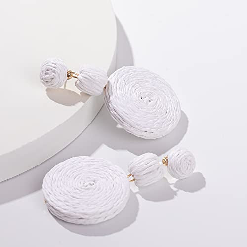 Statement Raffia Boho Round Dangle Ball Earrings - Cute Handmade Summer Bohemian Dangling Jewelry for Women - color: White