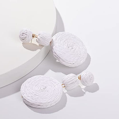 Statement Raffia Boho Round Dangle Ball Earrings - Cute Handmade Summer Bohemian Dangling Jewelry for Women - color: White
