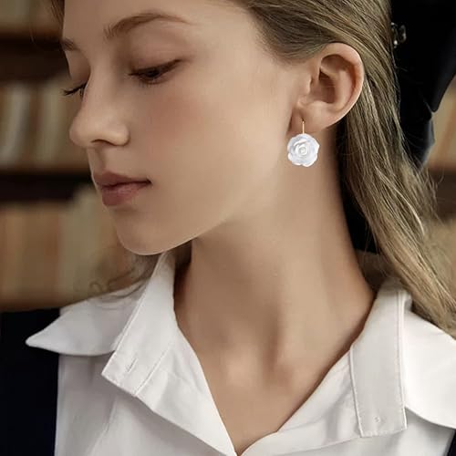 Handmade Bohemian Aesthetic Dainty Acrylic Flower Petal Leverback Earrings Sparkly 14K Gold Floral Dangle Drop Earrings for Women - color: Pure White