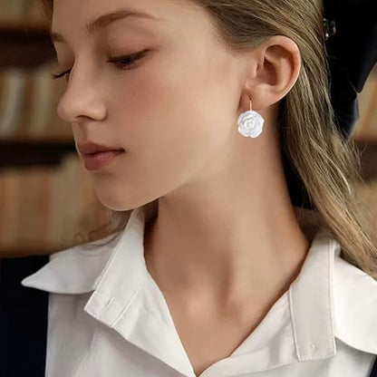 Handmade Bohemian Aesthetic Dainty Acrylic Flower Petal Leverback Earrings Sparkly 14K Gold Floral Dangle Drop Earrings for Women - color: Pure White