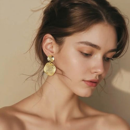 Large Geometric Drop Dangle Earrings for Women Pearl Teardrop Disc Rectangle Oval Fishtail Shell Shaped Textured Dangle Studs Earrings for Women - color: Gold-Disc