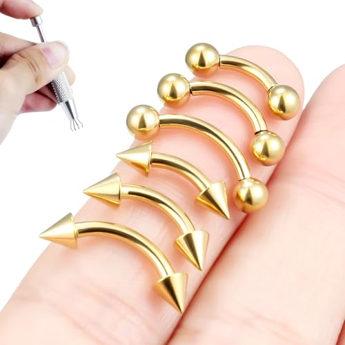 Internally Threaded Eyebrow Piercing Jewelry Surgical Steel Tiny Eyebrow Rings Vertical Labret Lip Jewelry Small Ear Rook Earring for Women Men 18g 16g 14g Plus Piercing Ball Grabber Tool - color: goldtone, size: 14g,ball+spike end