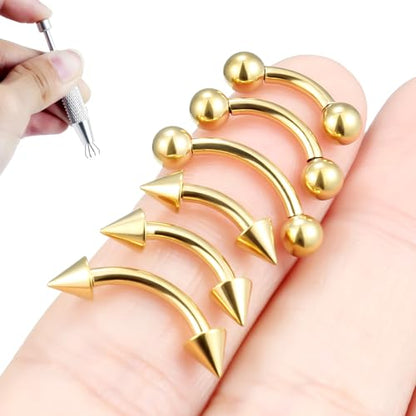 Internally Threaded Eyebrow Piercing Jewelry Surgical Steel Tiny Eyebrow Rings Vertical Labret Lip Jewelry Small Ear Rook Earring for Women Men 18g 16g 14g Plus Piercing Ball Grabber Tool - color: goldtone, size: 14g,ball+spike end