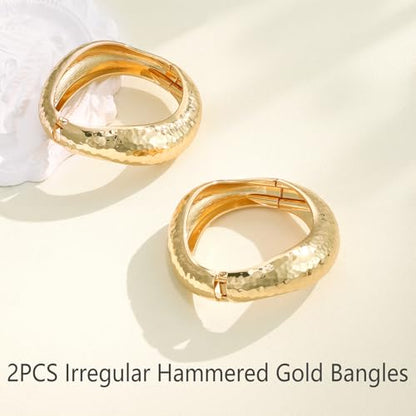Emibele Gold Bangles for Women, 2PCS Irregular Chunky Gold Bracelet Hinged Open Bangle Bracelets for Women, Fashion Wide Arm Cuff Minimalist Chunky Jewelry Gifts for Valentine Christmas Birthday - style: Hammered Chunky Gold