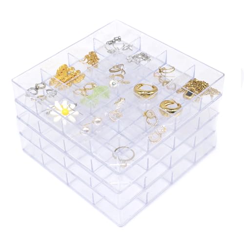 4 PCS Stackable Jewelry Organizer Tray, Clear Square Plastic Storage Box | with 16 Mini Grid (1.57''), Suitable for Drawer Dresser Vanity Desk Use, Necklaces Bracelets Rings Earrings Storage