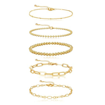 Dainty Bracelet for Women 14K Gold Plated Cross Pearl CZ Leaf Bracelets Set Gold Layering Bracelets Everyday Jewelry - color: 5 Layer Beaded Set -GD