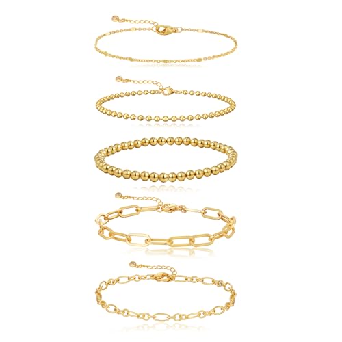 Dainty Bracelet for Women 14K Gold Plated Cross Pearl CZ Leaf Bracelets Set Gold Layering Bracelets Everyday Jewelry - color: 5 Layer Beaded Set -GD