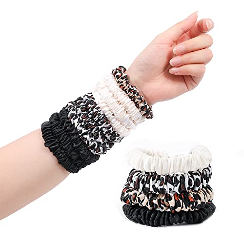 Hair Ties Silk Satin Scrunchies - Small Mini Thin Elestics Ponytail Holder Hair Bands Skinny Scrunchy For Thick Curl Hair No Crease Hair Ties Soft Accessories No Hurt Your Hair for Women and Girls (White Leopard Black) - color: White Leopard Black