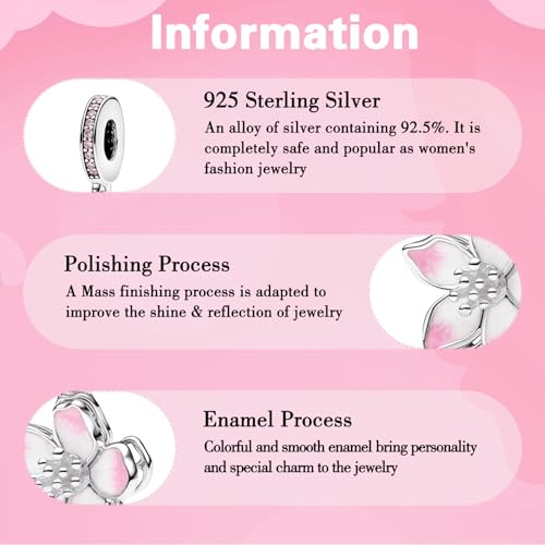 925 Sterling Silver Charms fits Bracelets and Necklace Pendant Bead Charms Jewelry Gift for Women Family Friends - style: Cherry Blossom Pink Charm