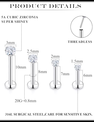 20G 18G 16G Threadless Flat Back Earrings Nose Stud 316L Surgical Steel Medusa Labret Monroe Lip Ring Tragus Forward Helix Conch Cartilage Lobe Earrings Stud Piercing Jewelry For Women Men - size: 20G-6MM 7MM 8MM 10MM Length