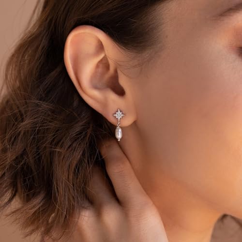 Pearl Earrings for Women 14K Gold Freshwater Pearl Hoop Earring Dangle Drop Wedding Earrings Bridal Bridesmaid Jewelry Gifts for Women - color: Gold Moon & Star Pearl Earrings