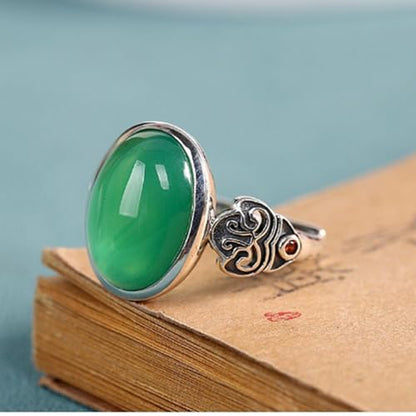 Vintage Green Jade Cocktail Rings for Women Oxidized Silver Faux Gemstones Crystal Adjustable Ring Midi Finger Band Retro Aesthetic Wedding Statement Ring Fashion Mother Banquet Jewelry