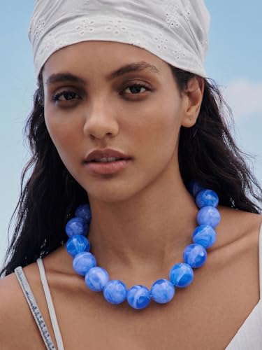 Chunky Beaded Necklaces for Women Statement Necklace | Bold Chunky Choker, Large Resin Beads, Adjustable Necklace, Boho Trendy Summer Beach Holiday Jewelry - color: Blue-01
