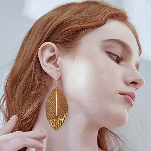 Bohemian Handmade Lightweight Color Large Genuine Soft Leather Fringe Feather Leaf Tear Dangle Drop Earrings for Women Statement - color: 2-Brown