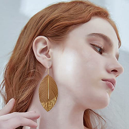 Bohemian Handmade Lightweight Color Large Genuine Soft Leather Fringe Feather Leaf Tear Dangle Drop Earrings for Women Statement - color: 2-Brown