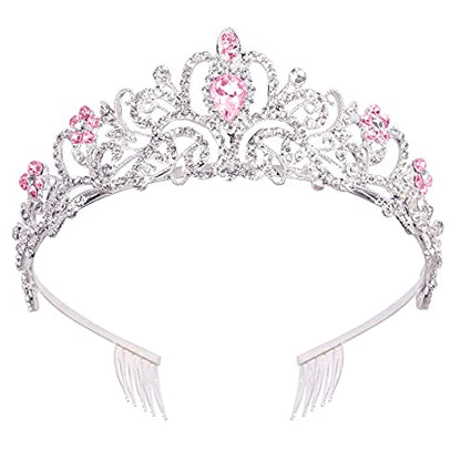 COCIDE Silver Tiara Crowns Crystal Headband Princess Rhinestone Crown with Combs Bride Headbands Bridal Wedding Prom Birthday Party Pink Hair Accessories Jewelry for Women and Girls - color: TF Silver+Clear&Pink