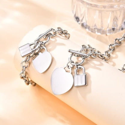 VNOX Personalized Initial Name Stainless Steel Trendy Cable Chain Bracelet Neckalce Set with Padlock Heart Charm and Toggle Clasp Closure - color: Silver Necklace+Bracelet