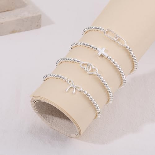 Beaded Bracelets for Women 14K Silver Gold Plated Stretch Handmade Ball Bracelets Cute Charm Bracelet Dainty Stackable Cross Heart Bow Wave CZ Circle Trendy Jewelry Easter Gifts - color: bow-silver