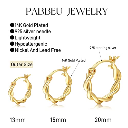 PABBEU 925 Sterling Silver Small Hoop Earrings Set for Women Hypoallergenic | 3Pairs Cubic Zirconia Small Huggie Hoop Earrings Set 13/15/20mm,Nickel-Free Lightweight Comfortable Sleeper Earrings Gift Set - color: 13/15/20mm M Gold