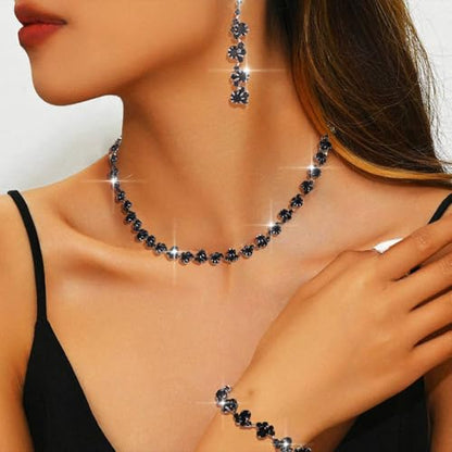 Aukmla Bridal Wedding Jewelry Set Silver Rhinestones Choker Necklaces Earrings Bracelet Sets Prom Jewelry for Women and Brides - color: Black
