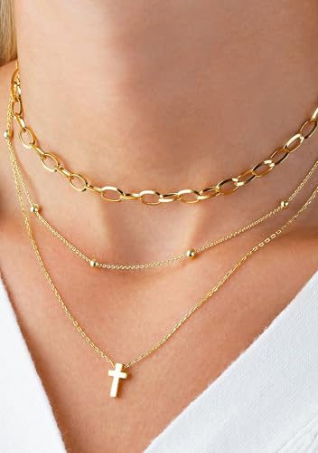 14K Gold Layered Cross Necklaces for Women,Tiny Small Sideways Cross Necklace Minimalist Christian Jewelry Gifts First Communion Confirmation Easter Stuff,2Pcs - color: Style B，classic cross