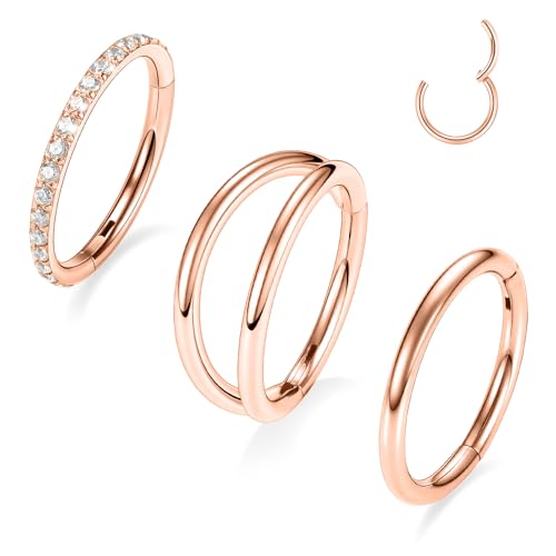 PEAKLINK 3pcs Double Nose Rings Double Nose Hoops 316L Surgical Steel Cartilage Earrings 20G/18G/16G Septum Rings Conch Piercing Helix Lip Rook Daith Tragus Pierxing Jewelry 6mm to 12mm - color: Rose Gold