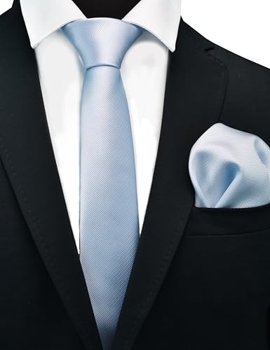 GUSLESON 2.4" Slim Necktie and Handkerchief Set For Men Solid Skinny Tie Set - color: Baby Blue