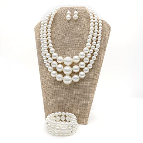 We We Imitation Pearl Necklace for Women Large Chunky Pearl Necklaces Multilayer Pearl Necklace and Earring 1920s Costume Jewelry set - color: white pearl necklace set
