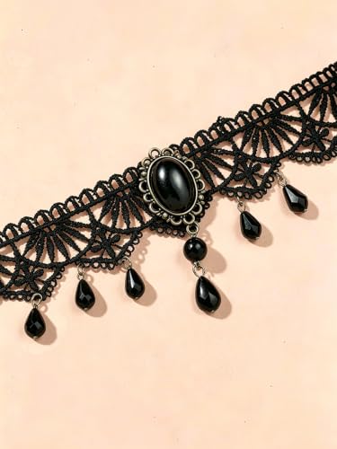 Lace Choker Necklace for Women Tassel Pendant Choker Necklaces Elegant Boho Collar Necklaces Statement Artistic Chain Necklace with Pearl Halloween Party Cosplay Costume Jewelry - color: Black Lace Pearl-2
