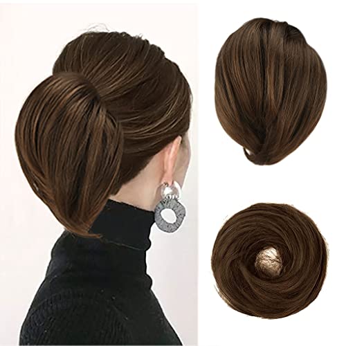 BARSDAR Straight Hair Bun Extensions - Synthetic Fully Short Straight Ponytail Hair Bun Extensions for Women - Elastic Messy Hair Bun Hairpieces Scrunchies Daily - Mixed Chestnut Brown - color: Dark Blonde Mix Chestnut Brown, size: 1 Count - Elastic