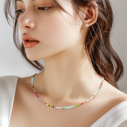 Gold Seed Beaded Necklaces for Women, Boho Handmade Adjustable Colorful Beads Choker Summer Beach Jewelry Gift. - color: Jade
