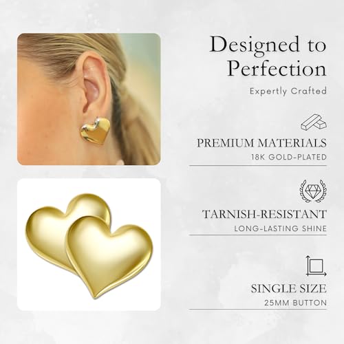 18K Gold Plated Sterling Silver Earrings for Women – Pure & Polished, Twist, Square, Hinged Tube, Abstract & Heart Shape Hoops – Lightweight, Hypoallergenic, Non-Tarnish Jewelry (Sizes: 3x35mm-46x30mm) - color: Gold, size: Heart Shape (25x25mm)