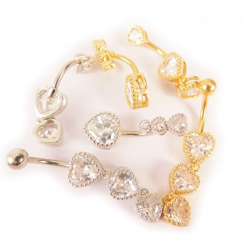 3Pcs 14G Stainless Steel Dangle Belly Button Rings Cubic Zirconia Heart Star Round Belly Navel Barbell Rings Belly Piercing Jewelry for Women - style: Gold Heart