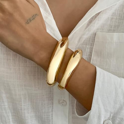 Chunky Gold Bangles for Women Gold Plated Stackable Bracelets Set Trendy Cuff Bracelets Stack Wrist Open Bangle Jewelry Gift Accessories - style: Gold
