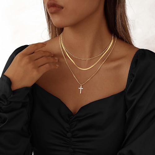 Layered Gold Cross Necklaces for Women, Stack Stackable 14K Gold/Silver Plated Cubic Zirconia Pendant Necklace Set Dainty Choker Layering Necklaces for Women Faith Jewelry Religious Gift - style: Gold-CZ-1