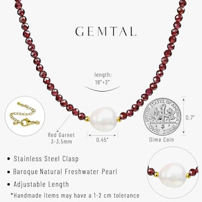 Single Pearl Choker Pendant Necklaces for Women, Natural Gemstone Womens Black Stone Beaded Choker Necklace, Dainty Round Freshwater Pearl Handmade Jewelry Gift Women Birthday Bridesmaids Anniversary 16 18 inch - color: 05-Red Garnet, size: 18"