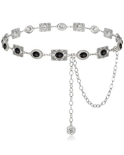 Women Western Concho Chain Belt Vintage Rhinestone Gems Boho Metal Waist Chain Jeans Dress Daily Concert Halloween - color: A-obsidian Black Retro Silver, size: Length 51" (31"+extension chain 20" )