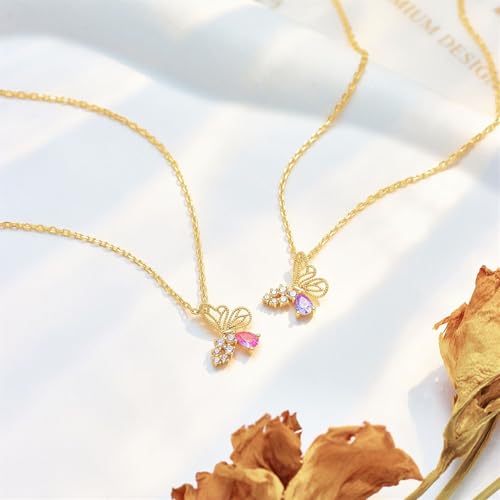 925 Sterling Silver Necklace for Women Trendy, Charming Layered Necklace with Cubic Zirconia Pendant for Her Womens Dainty Diamond Choker Necklaces Holiday Jewelry Gifts for Mom Wife Daughter Lover - color: Butterfly-Gold06