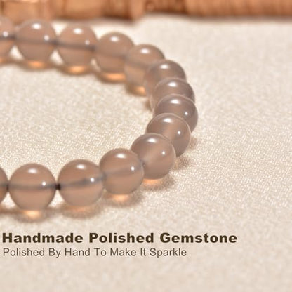 Agate Round Beaded Bracelet for Women Men Natural Agates Stone Healing Bracelets Stretch Elastic Handmade Polished Gemstone Beads Bracelet - color: Grey, size: 8mm Beads