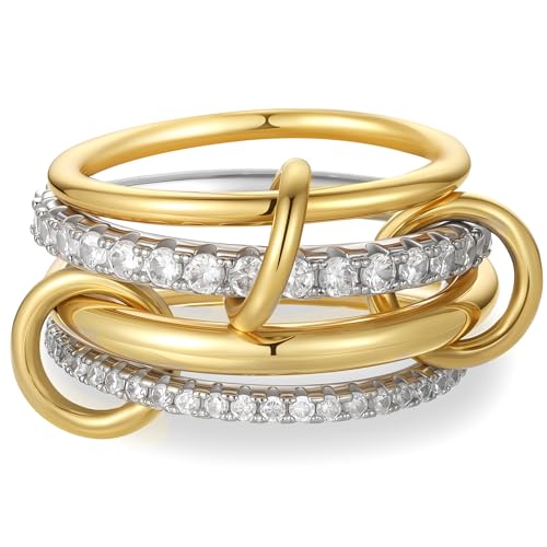 Gold Stackable Rings for Women Non Tarnish, 18k Gold Plated Cubic Zirconia Rings, Exquisite Silver Gold Multi Ring Mixed Metals Stack Jewelry Set Size 6-10 - color: 4PCS, size: 7