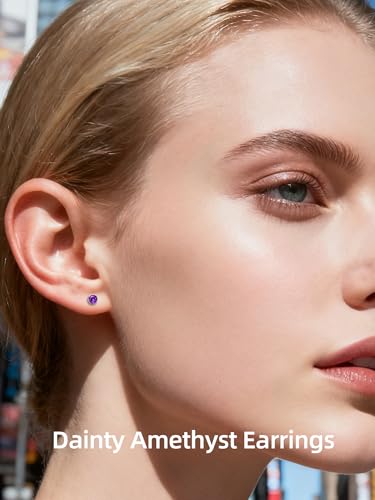 Neshat Tiny Birthstone Earrings for Women, 925 Sterling Silver Bezel Crystal Stud Earrings, 4mm Minimalist Sapphire/Amethyst/Aquamarine/Emerald Earrings Studs - style: 02. February-Created Amethyst