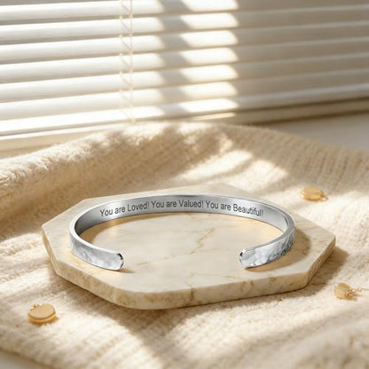 Inspirational Bible Verse Cuff Bracelet for Women, 18K Gold Plated Hammered Bangle, Christian Faith Jewelry Gift, Adjustable Non Tarnish - color: You are Loved! You are Valued! You are Beautiful!-Hammered Silver