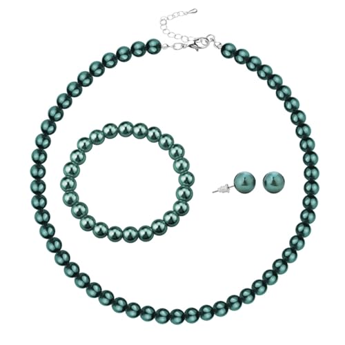 Simulated Pearl Jewelry Set Glass Imitation Pearls Choker Necklace Stud Earrings Elastic Bracelet Costume Jewelry for Women - color: Emeral Green