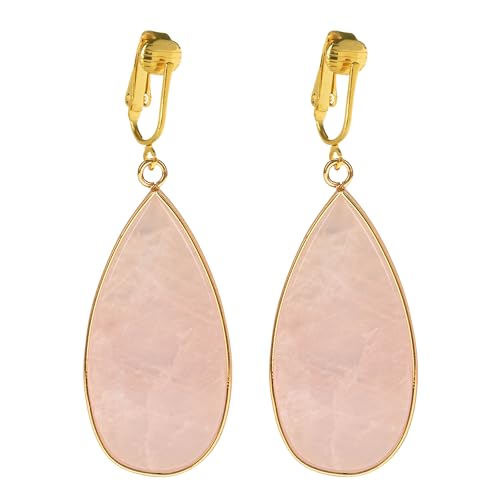 Aloha Earrings Non Pierced Gold Tone Clip On Natural Stone Teardrop Dangling Earrings - style: Rose Quartz