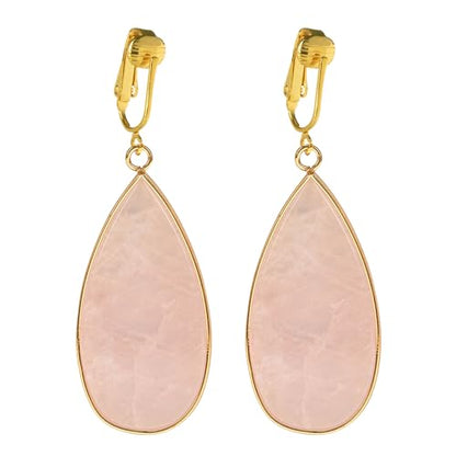 Aloha Earrings Non Pierced Gold Tone Clip On Natural Stone Teardrop Dangling Earrings - style: Rose Quartz