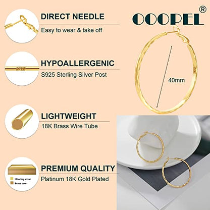 Sterling Silver Hoop Earrings - Diamond-Cut Circle Hoops, Hypoallergenic, 3mm Thin, Oversize 20/30/40/50/60mm - color: Gold,40mm