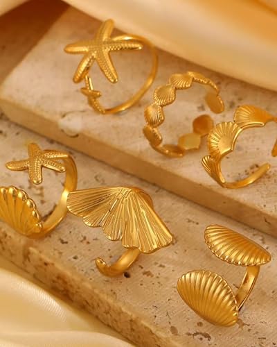 Chunky Gold Shell Starfish Ring Set for Women Trendy Gold Flower Scallop Seashell Starfish Gemstone Rings Adjustable Stacking Statement R-ings Non Tarnish Spring Summer Jewelry Accessories - color: A6:6 pcs