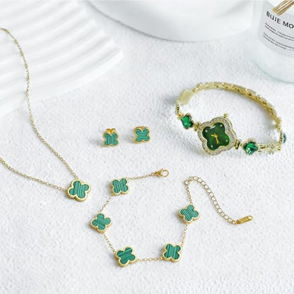 5 Pieces Lucky Clover Jewelry Set for Women Gold Jewelry Set 18K Gold Plated Flower Design Five Leaf Necklace Bracelet Ring Earrings for Women - color: Clover Green Watch
