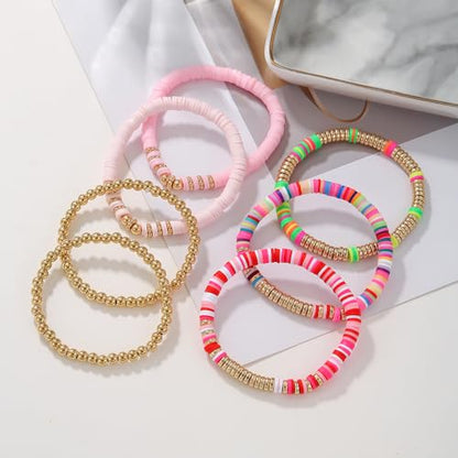 Friendship Bracelets for Women - Heishi Surfer Colorful Smile Evil Eye Clay Beaded Stretch Bracelets Elastic Layering - Stackable Boho Disc Y2K Aesthetic Summer Jewelry Set. - color: HEISHI-7PC PINK